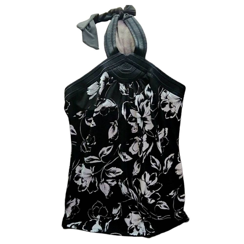 White house black market top halter floral embroidered detailing black and white